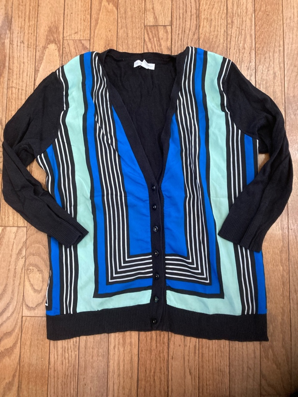 New York & Company Black Cardigan with Blue and Mint Stripe Panels